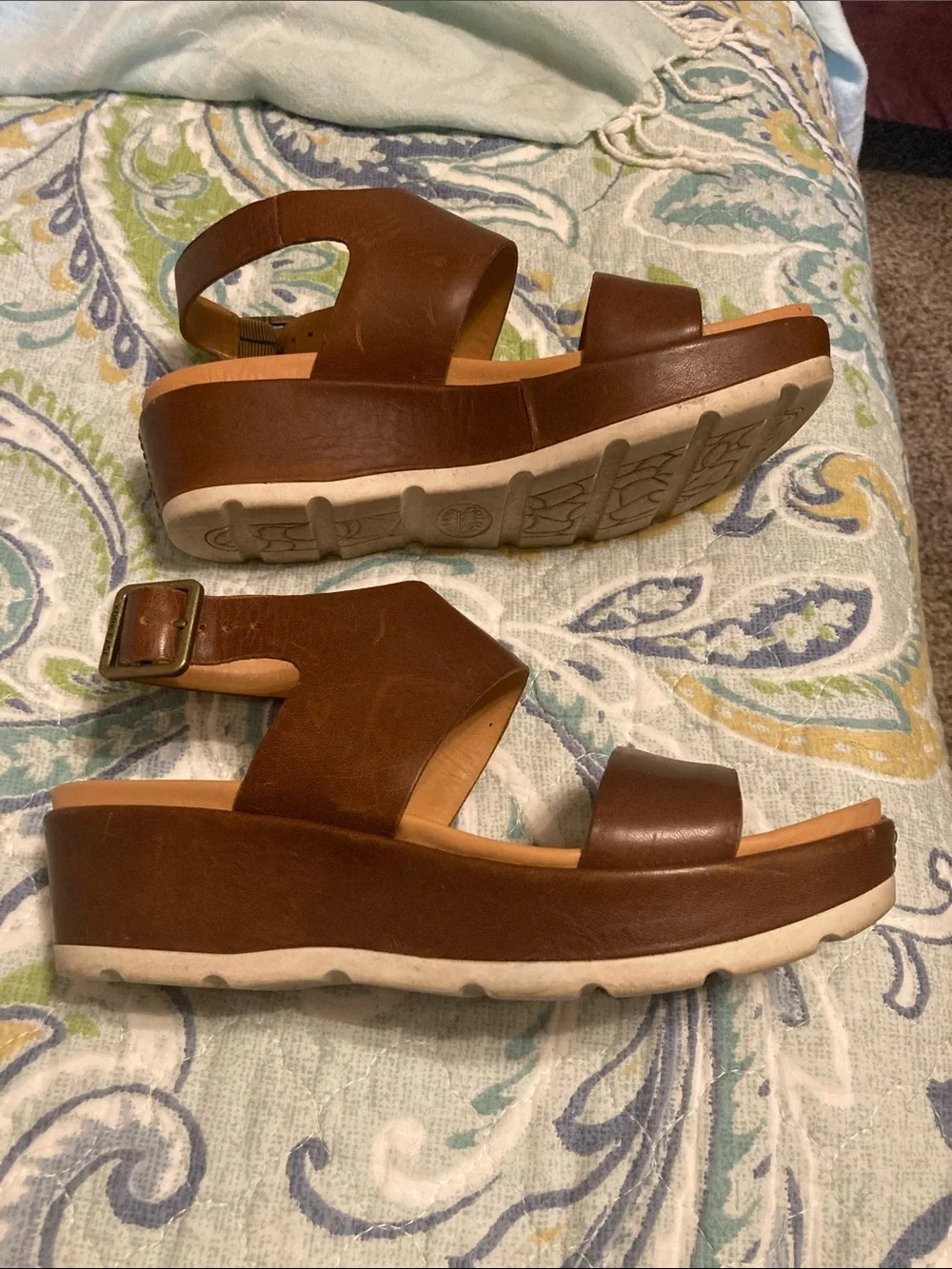 Kork-Ease Brown Leather Wedge Sandals with Buckle Ankle Strap